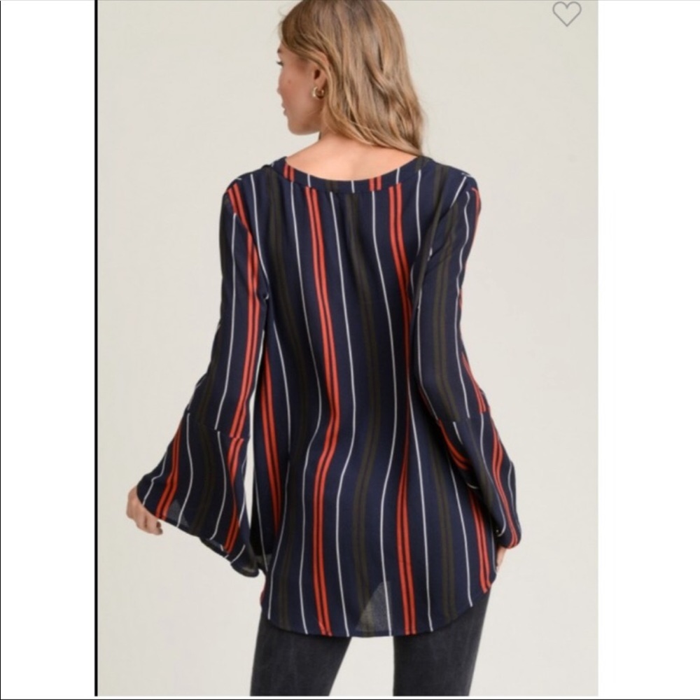 JODIFL BELL SLEEVE STRIPED TOP HIGH LOW HEM BLUE RED WHITE SIZE LARGE NEW - Picture 5 of 15